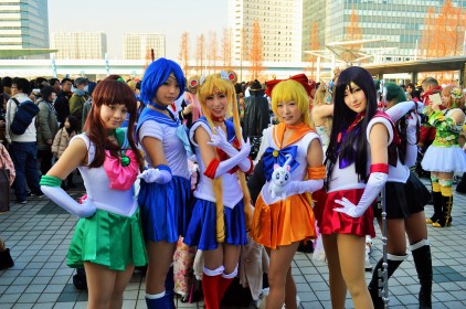 From left to right: Sailor Jupiter, Sailor Mercury, Sailor Moon, Sailor Venus, Sailor Mars